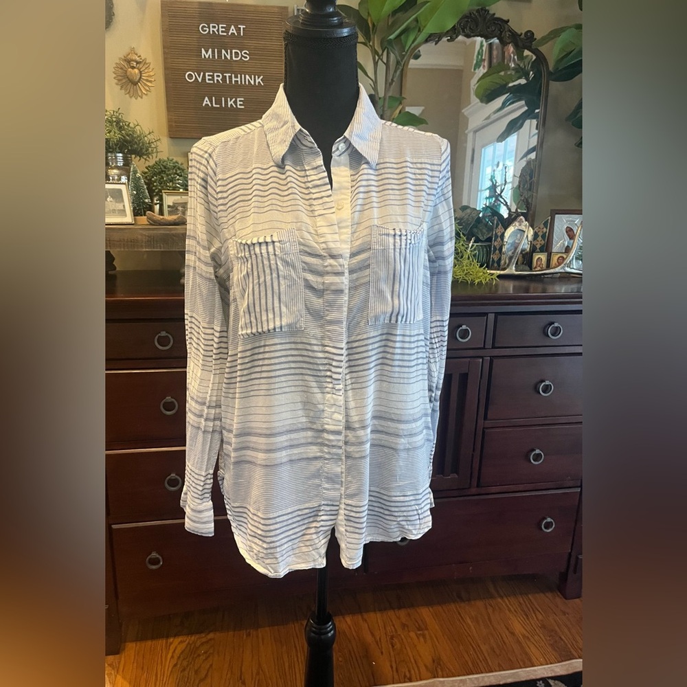 White House Black Market Women’s Blue and White Striped Button Down Shirt
